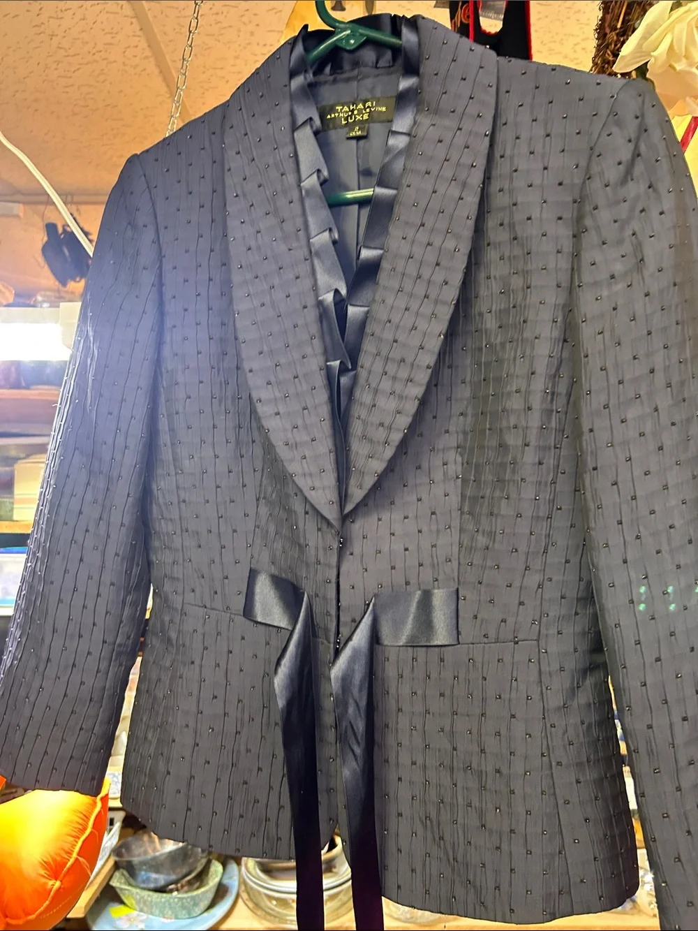 Tahari Navy Textured Satin-Trim Blazer